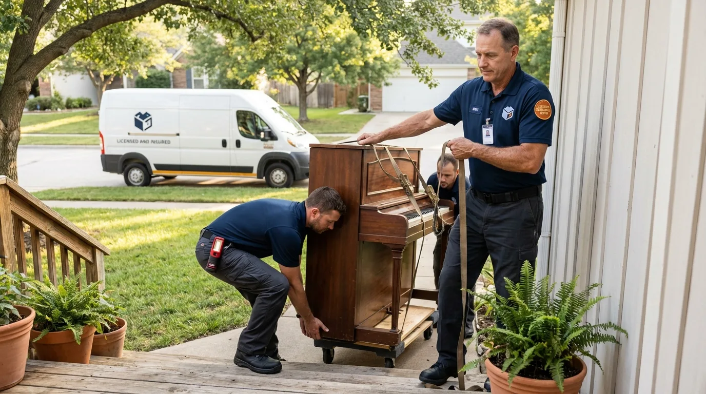 Licensed piano movers securing grand piano in Fort Washington, MD