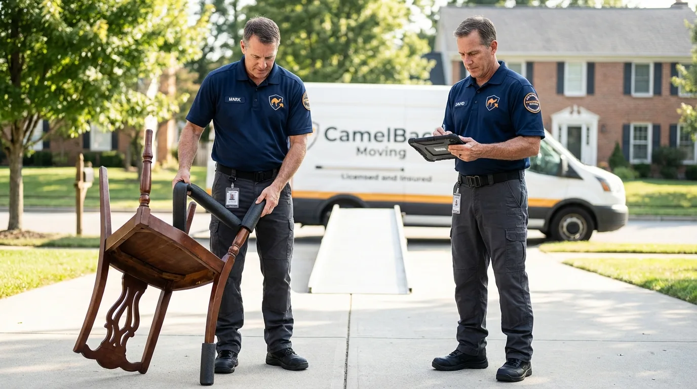 Movers inspecting furniture for damage prevention before loading in Fort Washington, MD