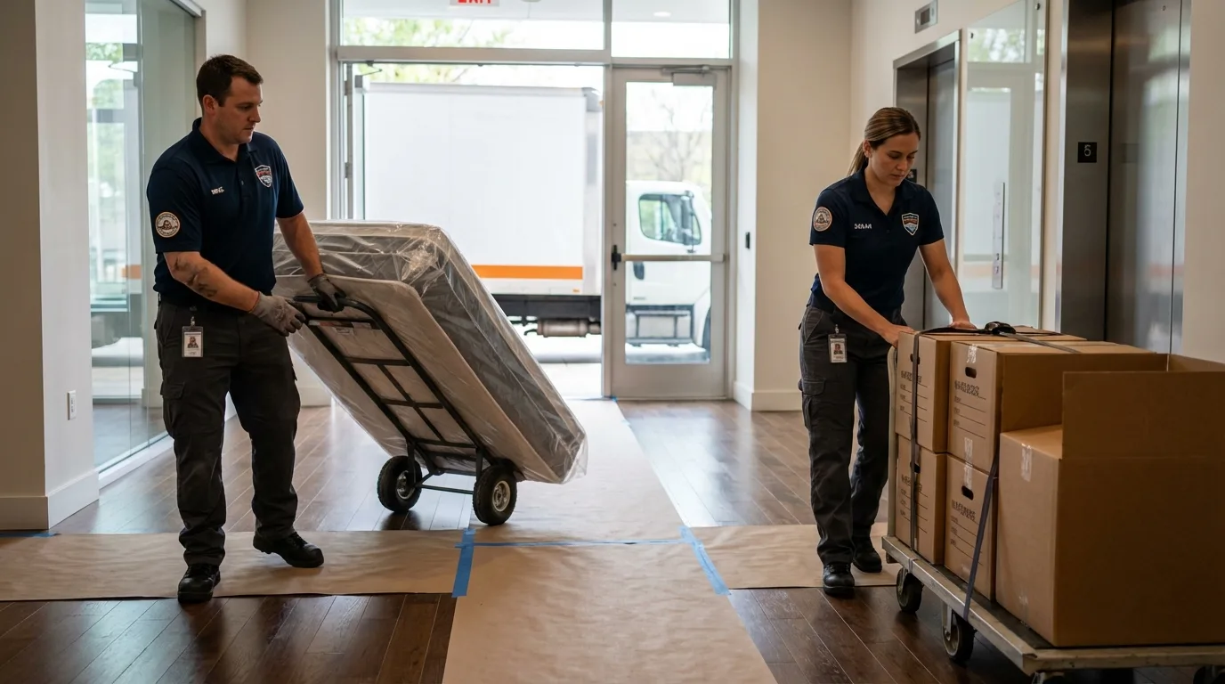 Professional apartment movers loading elevator in Fort Washington, MD